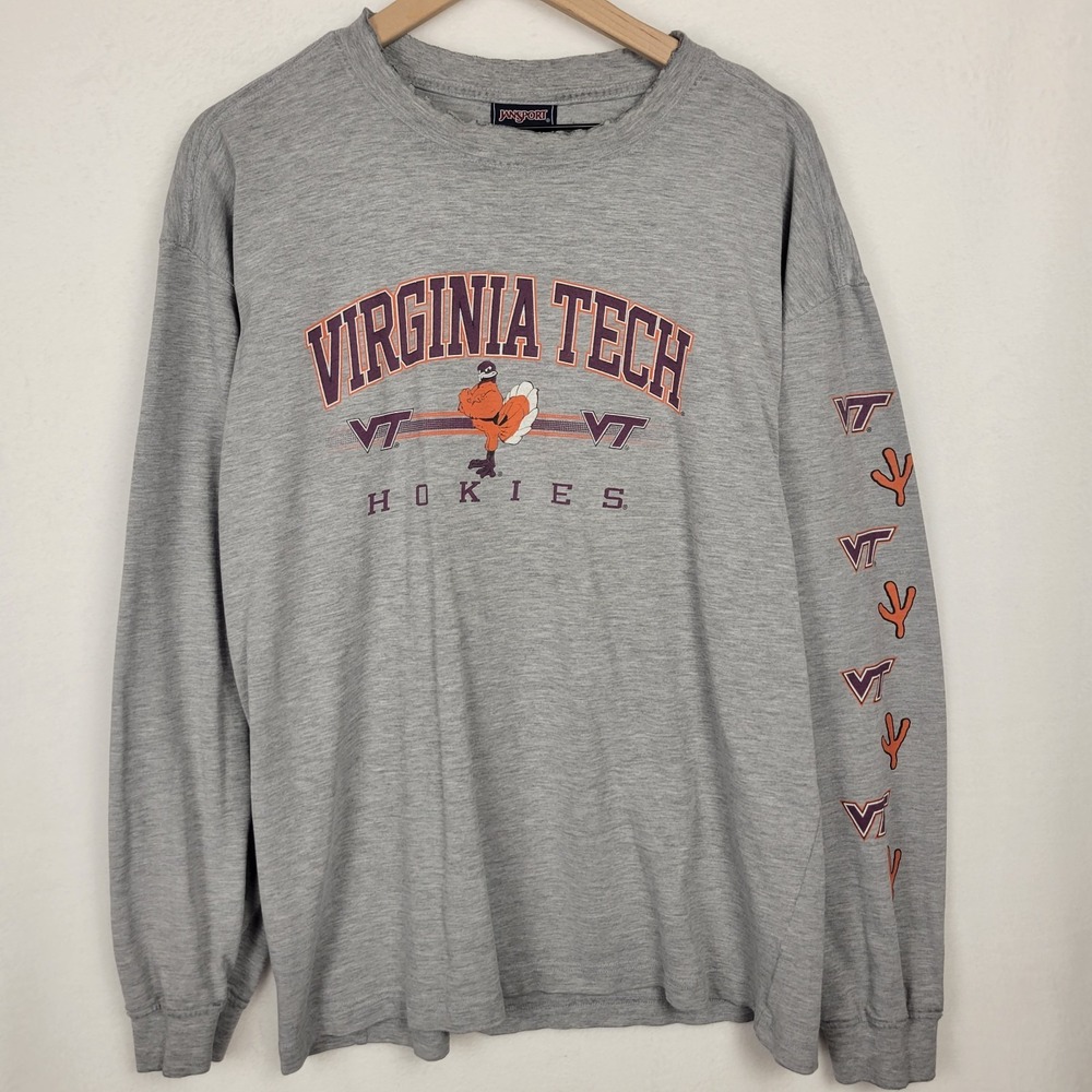 Vtg JanSport Virginia Tech Hokies Gray Long Sleeve Shirt Sz L Cut Neck Thrashed
